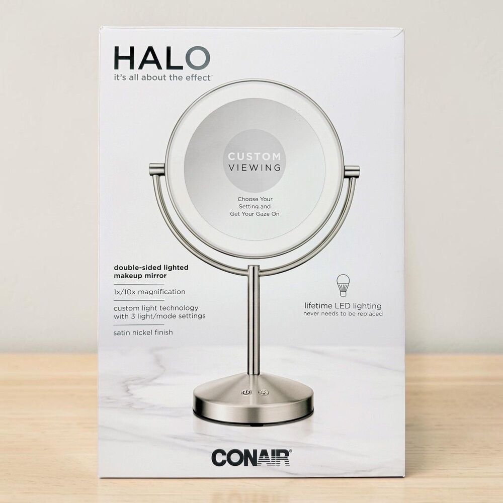 Conair Lighted Makeup Mirror, Double-Sided LED Vanity Mirror 1X/10X Satin Nickel